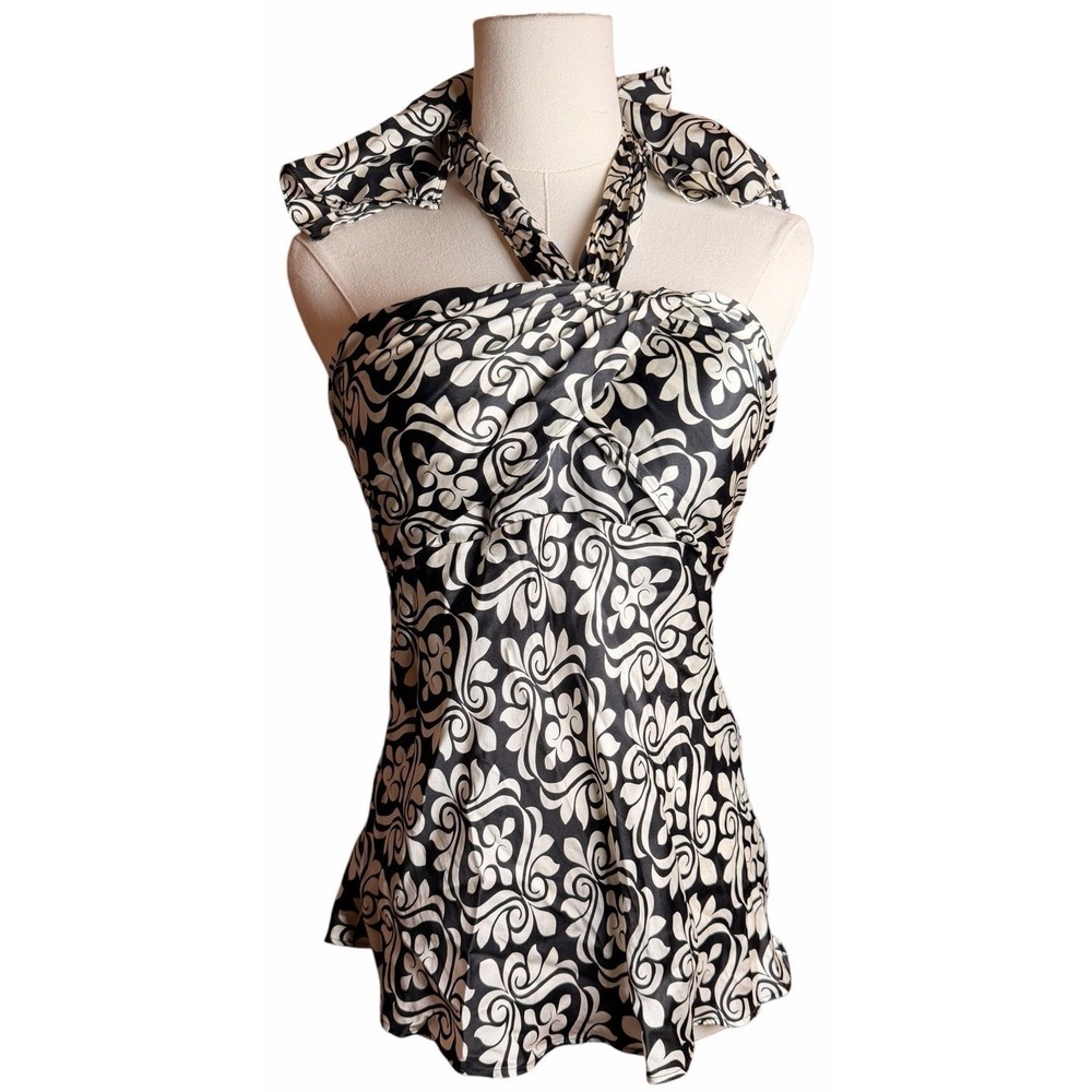 White House Black Market 100% Silk Halter Top Black White Floral Size 4